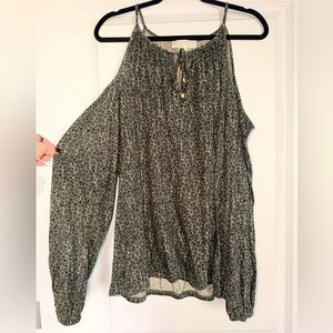 Michael Kors Green and Black Patterned Tie Neck Cold Shoulder Blouse